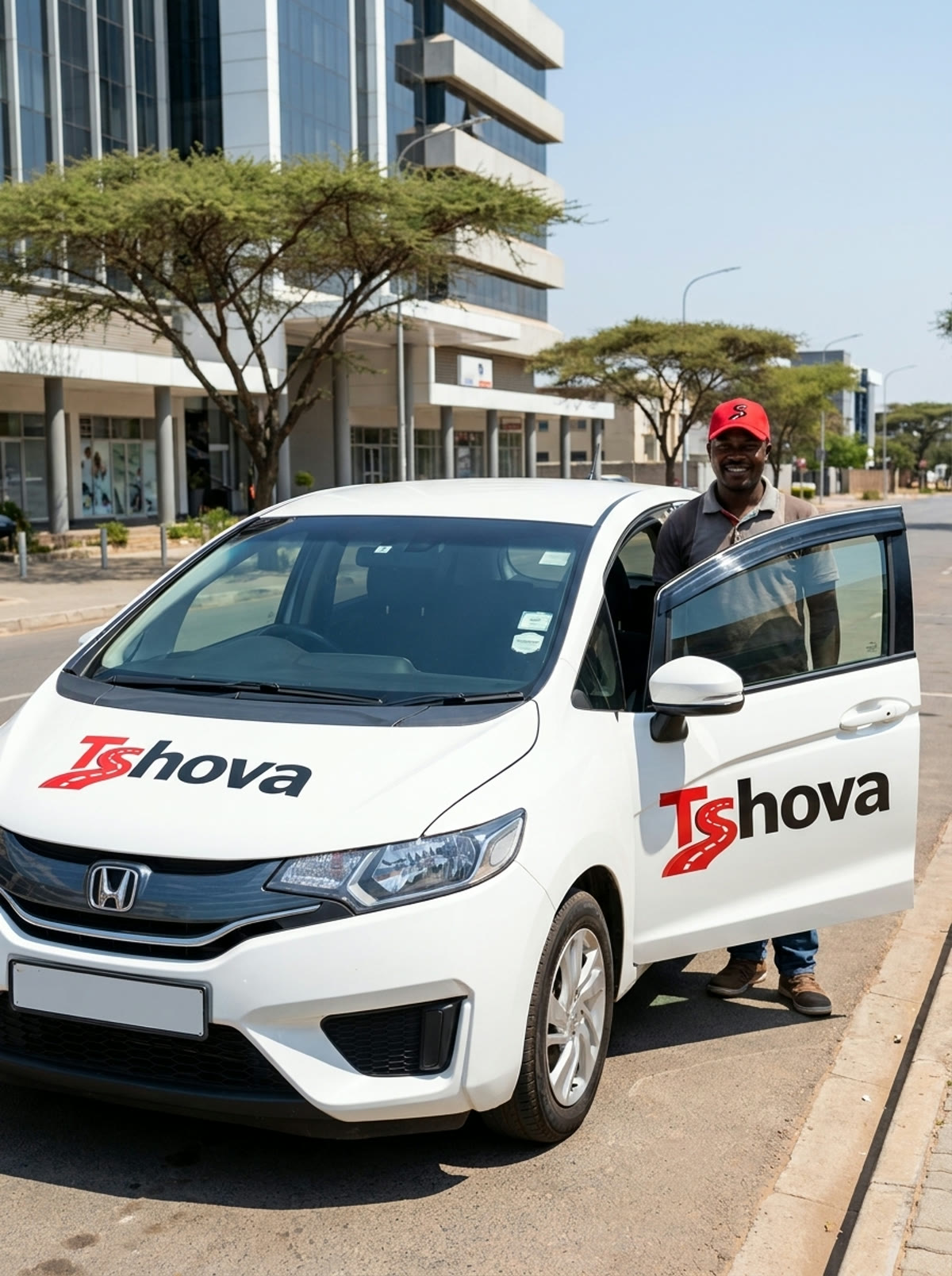 A Tshova driver holding the door of a white branded Honda Fit